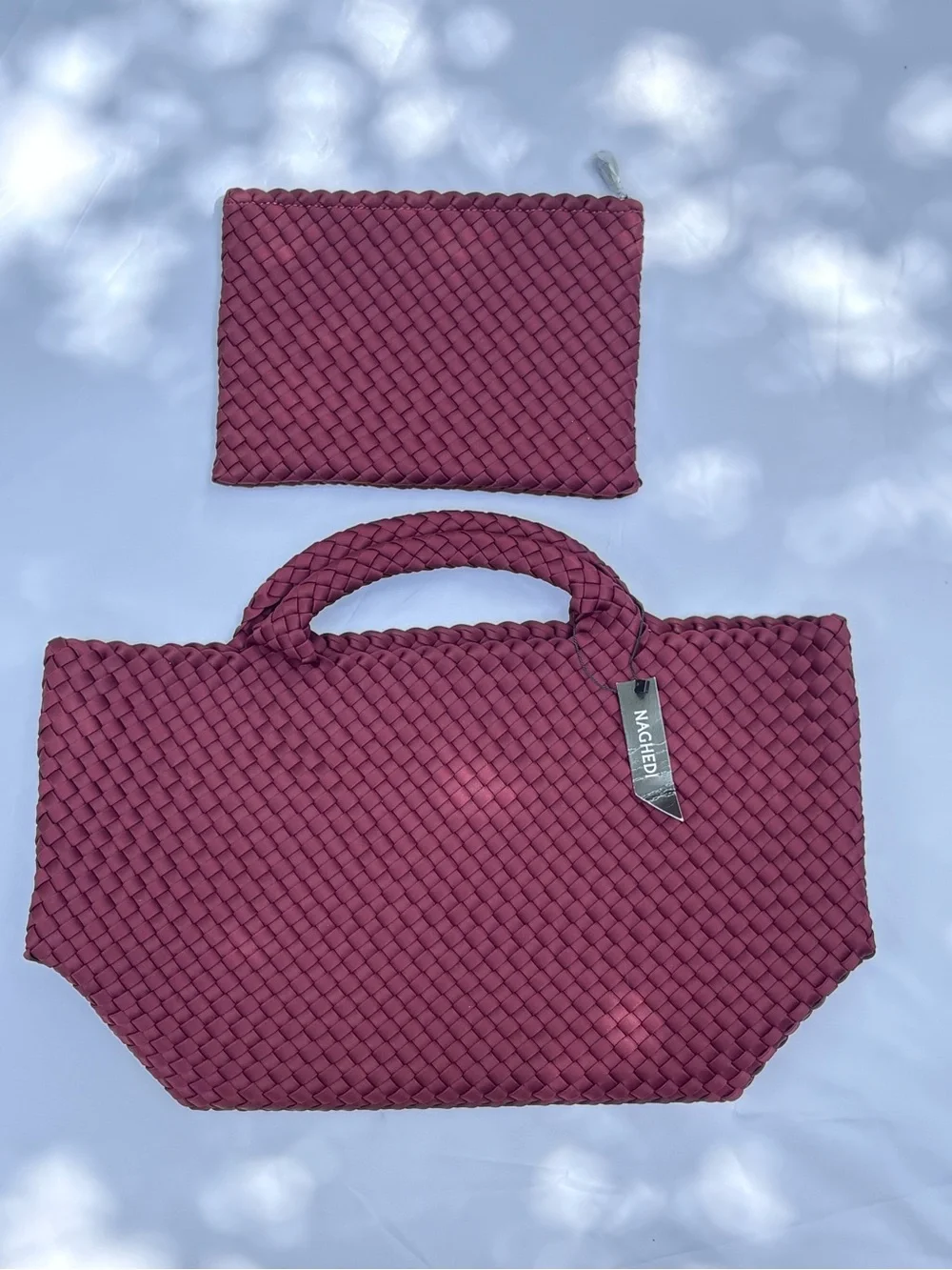 St. Barths Medium Woven Neoprene Tote + Pouch, Wine, NWT + Dust Bag